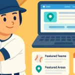 バットを構える少年野球選手と、注目チームや地域を表示したWeb画面のイラスト