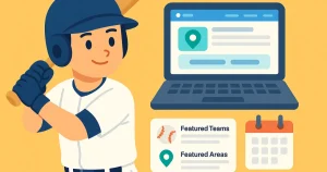 バットを構える少年野球選手と、注目チームや地域を表示したWeb画面のイラスト