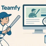 バットを構える少年野球選手と、野球チーム検索サイトを表示するパソコン画面のイラスト